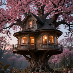 a stunnng victorian big tree house at dusk, ultra detailed, warm interior light, pink leaves tree, cinematic shot, photorealistic, octane render, high definition, fine details, fairy mood, 8 k