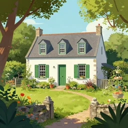 illustration by jamie mckelvie, a typical house in a creole garden from reunion island, trending on artstation