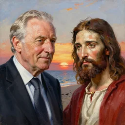 masterpiece painting of jacques chirac and his friend jesus christ. in the background is a beach at sunset. by rembrandt. hyper detailed faces