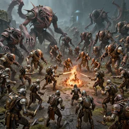 steampunk army fighting a horde of crazy killer cyborg lovecraftian creatures, 3d scene, render, ultra realistic, zenith view, Greg Rutkowski, artstation, cgsociety, unreal engine, ray tracing, detailed illustration, hd, 4k, digital art, overdetailed art, concept art, complementing colors, Trending on artstation, deviantart