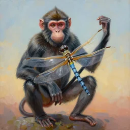 painting of hybrid between monkey & dragonfly!!!!!!!!!, intercrossed animal, by zdzislaw beksinski, by lewis jones, by mattias adolfsson, cold hue's, warm tone gradient background, concept art, beautiful composition, digital painting