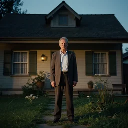 cinematic film still from 1994 film: Farkas Bulkmeier standing near a house. XF IQ4, f/1.4, ISO 200, 1/160s, 8K, RAW, dramatic lighting, symmetrical balance, in-frame