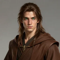 realistic portrait, 25 years old man :: athletic fantasy mage :: green eyes, shoulderlong brown hair :: wearing a brown robe :: high detail, digital art, RPG, concept art, illustration