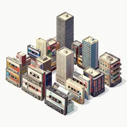 an isometric view of a city made of cassettes painted by kim jung gi, moebius and aaron horkey, rectilinear, trending on artstation