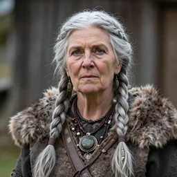 Old viking woman with braids in gray hair wearing fur and jewelry