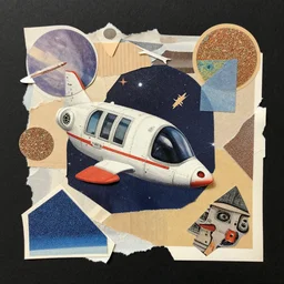 A mid-century modern collage of Space Travel. Materials: random shapes cut from magazines, torn construction paper, glitter