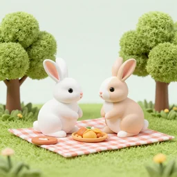two rabbits in love with each other are having a picnic in the park, diorama