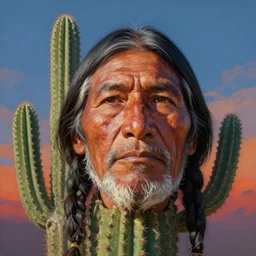 spirit of the san pedro cactus blended with the face of an old indigenous man in the sky, beautiful colors, matte painting, by christophe vacher