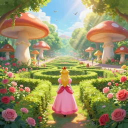 Princess peach wandering through her hedge hedge garden of exotic flowers in the Mushroom Kingdom, giant mushrooms, and roses, from behind, streets, birds in the sky, sunlight and rays of light shining through trees, beautiful, solarpunk!!!, highly detailed, digital painting by Michael Garmash and Peter Mohrbacher