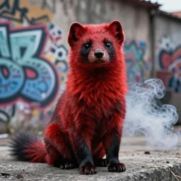 photo ( far _ shot ), subject [ furry _ fandom _ fursona _ original _ character ( red - black, anthropomorphic _ humanoid, weasel - ferret - stoat ) ], background ( smoke, concrete ), medium [ graffiti ( spray _ paint ) ], location ( favela _ wall )
