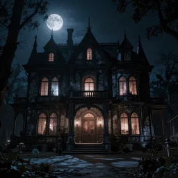 inside a haunted mansion at night, moonlight shines through the windows, dramatic shadows, gothic