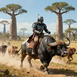 mandalorian riding a buffalo, madagascar with baobabs trees in the background, animals chasing, action scene, an epic fantasy, artgerm and greg rutkowski and alphonse mucha, an epic fantasy, volumetric light, detailed, establishing shot, cinematic, photorealistic, hyper detailed, ultra realistic, trending on art station, octane render, midsommar