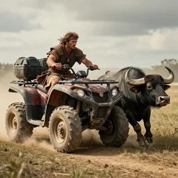 photo of an ancient tribesman on ancient atv with big wooden wheels,  hunting perfect buffalo ,attacking, wild chase, action scene, an epic fantasy, dramatic lighting, cinematic, establishing shot, extremely high detail, photorealistic, cinematic lighting, artstation, octane render, by simon stalenhag, horizon forbidden west,old photo, high speed photography, vintage