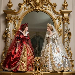 a beautiful render of a baroque catholic mirror between the red queen and the white queen, veiled,sculpture with symmetry intricate detailed,by Lawrence Alma-Tadema, peter gric,aaron horkey,Billelis,trending on pinterest,hyperreal,jewelry,gold,intricate,maximalist,glittering,golden ratio,cinematic lighting