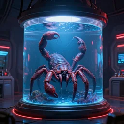 slimy wet cthulhu scorpion lovecraft alien tarantula blob monster trapped inside a large transparent science fiction mass effect glass containment chamber filled with blue liquid in a furnished science fiction spaceship laboratory, dramatic lighting, octane, red led lights, lens flare, trending on artstation, volumetric lighting