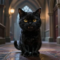 Greebo, the scarred, bruised, angry, black cat, at a corridor of Hogwarts School of Witchcraft and Wizardry, detailed, hyperrealistic, colorful, cinematic lighting,  digital art by Paul Kidby and Jim Kay