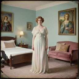 a feminine goddess in a liminal hotel room, daguerreotype by edward hopper, by henri rousseau, by Bosch, by Pontormo, art noveau, highly detailed, strong lights, liminal, eerie, Bright pastel colors, octane render, 8k,