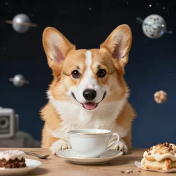 a corgi during tea in space photo