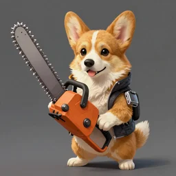 a portrait of an anthropomorphic! cyberpunk corgi! holding a chainsaw, fantasy, elegant, digital painting, artstation, concept art, matte, sharp focus, illustration, art by josan gonzalez