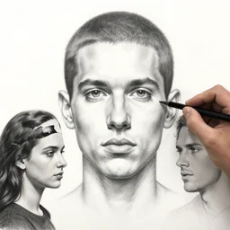 pov image of drawing a pencil sketch of a face by artgerm and magali villanueve and michael whelan