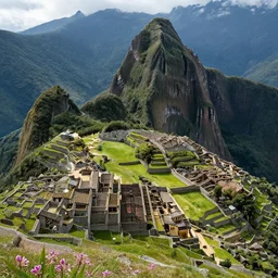 An inca city in the middle of a forest lake, bloom in a variety of colors, by Greg Rutkowski, aerial view