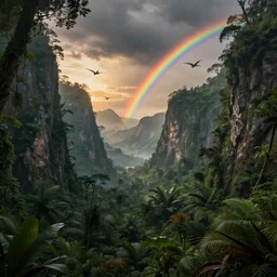an award winning digital artwork of a lush prehistoric jungle chasm with tall mountains in the background, a raincloud, a rainbow, pterosaurs flying at a distance, stunning, washed out colors, professional, master level composition, volumetric lighting, sunset, photorealistic