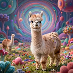 lets see what a psychedelic alpaca see in the psychedelic world, 8 k, insanely detailed, landscape photo