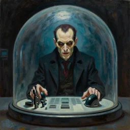 portrait of an evil mastermind inside a dome - shaped control center, evil lair, pj crook, grant wood, oil on canvas