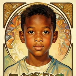 colourful upper half portrait of an african boy - in japanese retro poster design illustration style, art by hsiao - ron cheng & alphonse mucha, highly detailed, digital painting, illustration, smooth, sharp focus, intricate, symmetry, pinterest, behance,