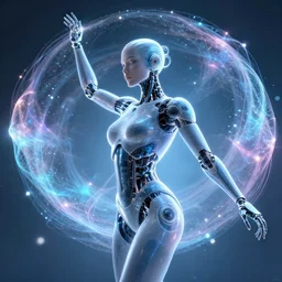 beautiful cyborg turns into a quantum field