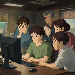 a wholesome animation key shot of goup of artists gathered to look at one monitor on the office, medium shot, waist up, studio ghibli, pixar and disney animation, sharp, rendered in unreal engine 5, anime key art by greg rutkowski, bloom, dramatic lighting