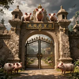 The gate to the eternal kingdom of pigs, fantasy, digital art, HD, detailed.