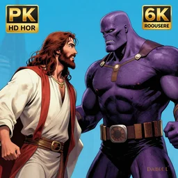 Jesus and Darkseid fighting each other. by Daniel Sampere. 8K Resolution. Comic Illustration. HD. 16k resolution HD HDR. Blue and Purple colored.