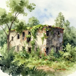 abandoned city overgrown by trees, watercolor
