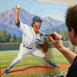a closeup photorealistic photograph of bob ross polishing off a painting of kenny powers pitching a baseball on a canvas. mountains and trees. film still. brightly lit scene. this 4 k hd image is trending on artstation, featured on behance, well - rendered, extra crisp, features intricate detail, epic composition and the style of unreal engine.