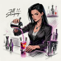 Jill Stingray, VA-11 Hall-A, sketch, cyberpunk, bartending, dark hair, suit, mixing drinks