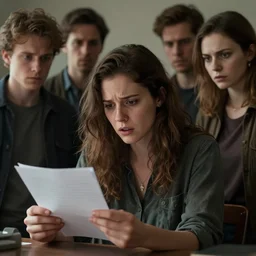 realistic portrait of a terrified female author looking at some written notes while three male and one female characters look intensely, aesthetic!, trending on artstation, detailed digital art,
