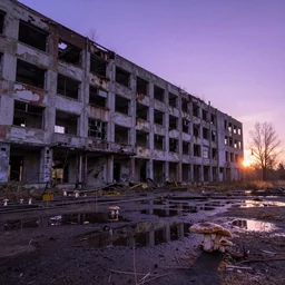 abandoned huge building, puddles of water, mushrooms, sunrise, purple glow, by greg rutkowsky and ivan shishkin,