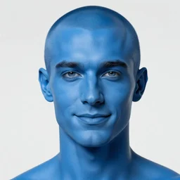 a face portrait of a [ blue skinned ] [ blue skinned ] male with, elegant, smiling, chiseled jaw, slightly smiling, triton race from d & d, elf ears, beautiful man, blue hair in a ponytail cropped on the sides, white background, by edward hopper