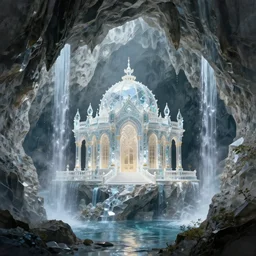 small palace inside giant cave, elegant crystal architecture, rock formations, waterfalls, concept art, smooth, sharp focus, illustration, artwork by hubert robert