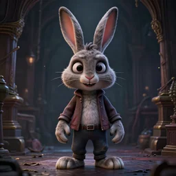 A extremely highly detailed majestic hi-res beautiful, highly detailed portrait of a scary terrifying creepy cartoon rabbit standing up wearing pants and a shirt in the style of Walt Disney animation, high textures, hyper sharp, 8k, insanely detailed and intricate