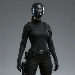 special forces female plague doctor, special operative, dons a black uniform and a plague crow mask, long sleeves, turtleneck, trending on artstation