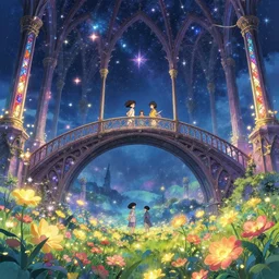 an infinite gothic bridge above a field of glowing flowers going to the sky full of stars with collumns and stained glass and stars, magical, bright, colorful, fantastic lighting, amazing details, 4 k uhd, illustration by hayao miyazaki and makoto shinkai and ilya kuvshinov, artstation, pixiv,