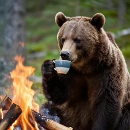 a candid photo of a bear holding a cup, drinking a coffee, by the campfire