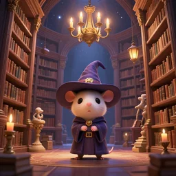 vast library, cute chibi rat wizard, wizard hat, old wizard robe, big bookshelves, 3 d sculpture, 3 d cg, pixar, cel shading, celestial, majestic, cinematic light, candles, chandelier, lanterns, soft light