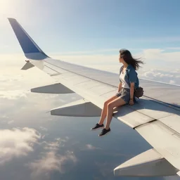 photorealistic very wide shot of a girl sitting on the wing of a flying passenger airplane, large airplane wing, side view, very windy, sunny morning light, hdr, volumetric lighting, intricate details, detailed digital artstation concept by noriyoshi ohrai and krenz cushart and john william waterhouse, unreal engine, octane render