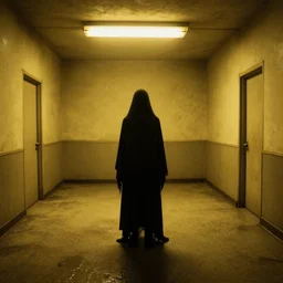 Creepy shadowy creature in the backrooms, old moist carpet, mono-yellow, fluorescent lights, randomly segmented rooms, eerie
