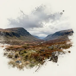 landscape scottish highland splash art graphic design art, fantasy, highly detailed, art by greg rutkowski
