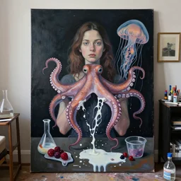 a portrait in a dark apartment, a female art student holding an octopus, jellyfish, milk puddles, berries, scientific glassware, neo - expressionism, surrealism, acrylic and spray paint and oilstick on canvas