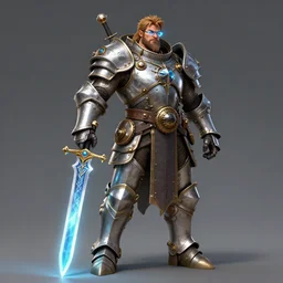 Full body picture, Male Holosmith, burly, DND, D&D, glowy holographic sword!!, steampunk-esque!, silver armor, tech glasses, extremely detailed, complete body!, by gary gygax, Rossdraws, genzoman and Frank franzzeta, trending on artstation, artstationHQ, artstationHD, cgsociety, 16K, HD
